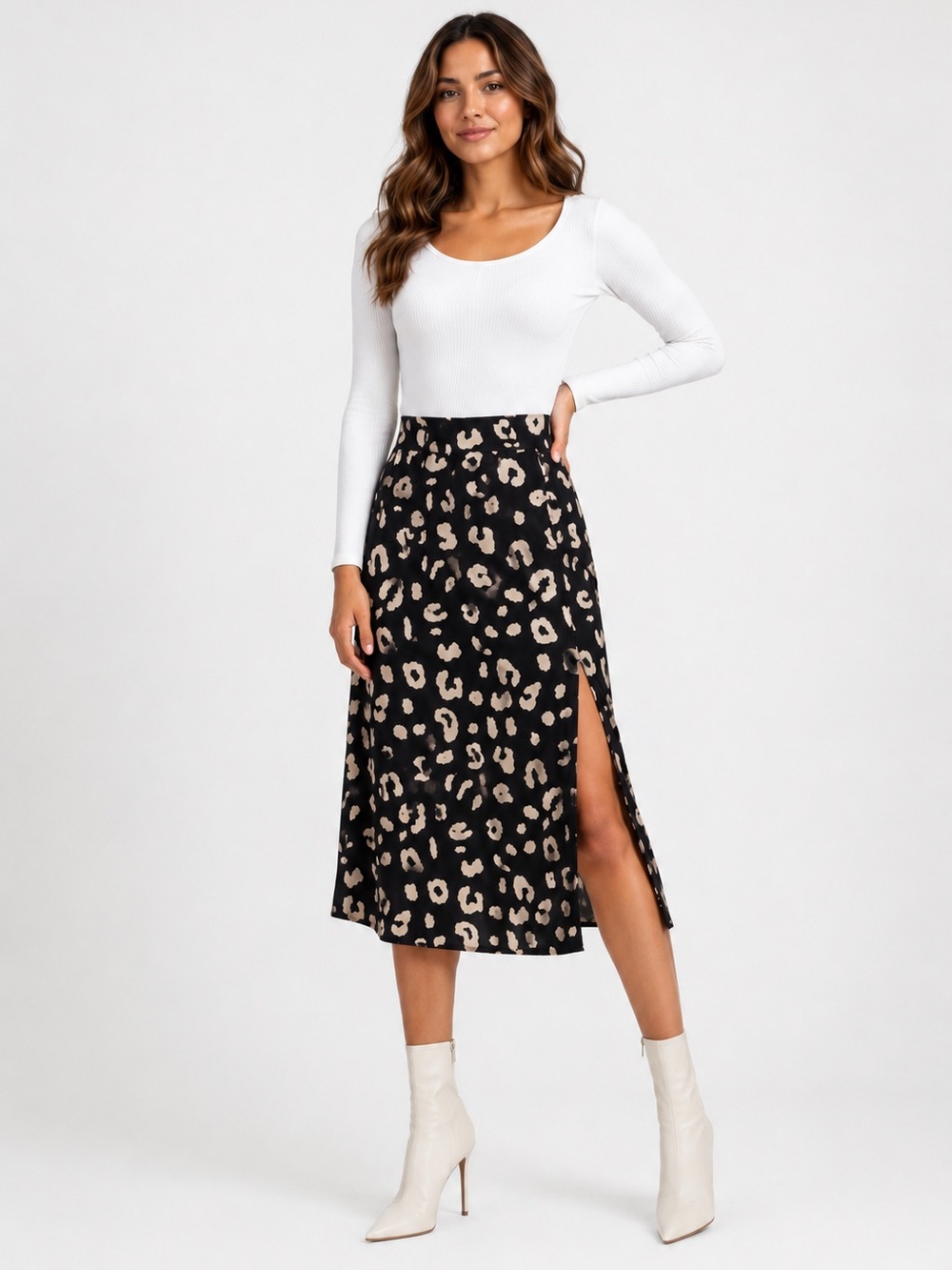 Women’s Casual Boho Printed High Waist Side Split Hem Zipper Midi Skirt Size XL